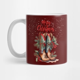 Merry Christmas, Christmas gifts and cowgirl boots, mistletoe branches, hawthorn and pine branches with pine cones Mug